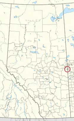 A map of the province of Alberta showing 80 counties and 145 small Indian reserves. One is highlighted with a red circle.