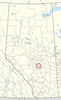 A map of the province of Alberta showing 80 counties and 145 small Indian reserves. One is highlighted with a red circle.