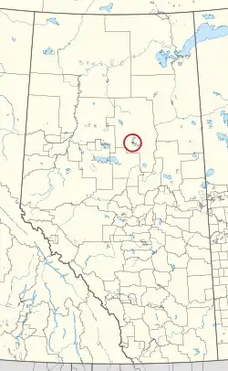 A map of the province of Alberta showing 80 counties and 145 small Indian reserves. One is highlighted with a red circle.