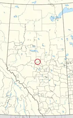 A map of the province of Alberta showing 80 counties and 145 small Indian reserves. One is highlighted with a red circle.