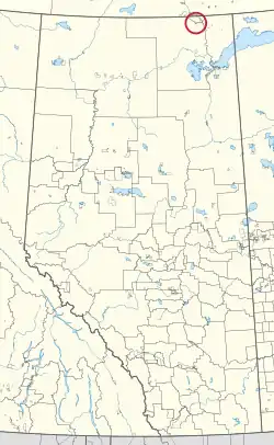 A map of the province of Alberta showing 80 counties and 145 small Indian reserves. One is highlighted with a red circle.