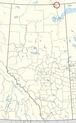 A map of the province of Alberta showing 80 counties and 145 small Indian reserves. One is highlighted with a red circle.