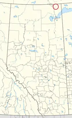 A map of the province of Alberta showing 80 counties and 145 small Indian reserves. One is highlighted with a red circle.