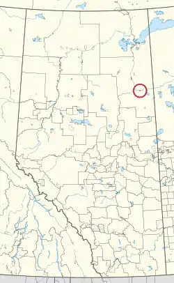 A map of the province of Alberta showing 80 counties and 145 small Indian reserves. One is highlighted with a red circle.