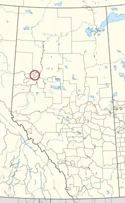 A map of the province of Alberta showing 80 counties and 145 small Indian reserves. One is highlighted with a red circle.