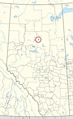 A map of the province of Alberta showing 80 counties and 145 small Indian reserves. One is highlighted with a red circle.