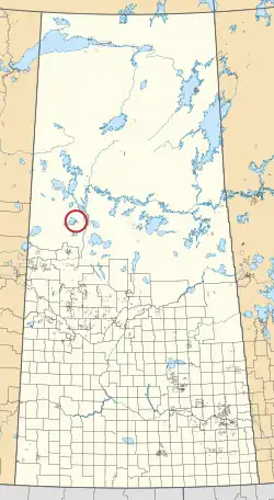 A map of the province of Saskatchewan showing 297 rural municipalities and hundreds of small Indian reserves. One is highlighted with a red circle.