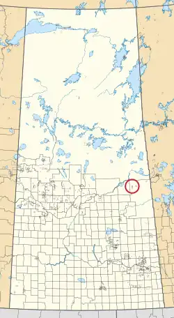 A map of the province of Saskatchewan showing 297 rural municipalities and hundreds of small Indian reserves. One is highlighted with a red circle.