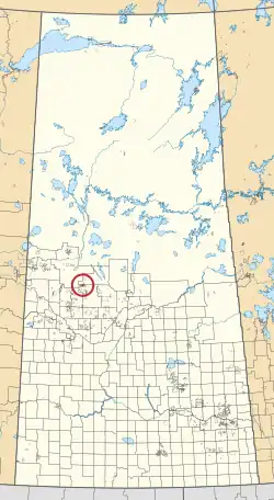 A map of the province of Saskatchewan showing 297 rural municipalities and hundreds of small Indian reserves. One is highlighted with a red circle.