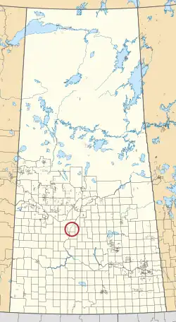 A map of the province of Saskatchewan showing 297 rural municipalities and hundreds of small Indian reserves. One is highlighted with a red circle.