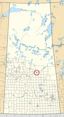 A map of the province of Saskatchewan showing 297 rural municipalities and hundreds of small Indian reserves. One is highlighted with a red circle.