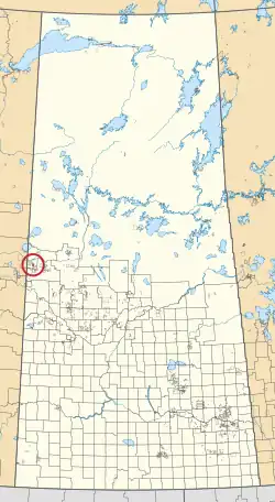 A map of the province of Saskatchewan showing 297 rural municipalities and hundreds of small Indian reserves. One is highlighted with a red circle.