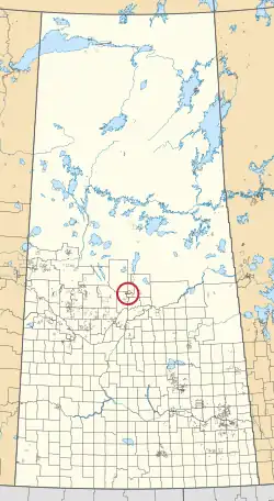 A map of the province of Saskatchewan showing 297 rural municipalities and hundreds of small Indian reserves. One is highlighted with a red circle.