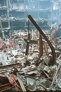 Interior of 6 WTC showing debris from North Tower in the open area, including a piece that became the World Trade Center cross.