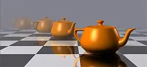 A line of five golden, computer-generated teapots recedes into the distance on a checkerboard floor. The closest teapot is clearly visible, but the other four are increasingly obscured by a gray fog.