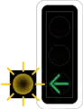 7.14.1 Green arrow with additional flashing yellow (example 1), here: turning to the leftPermits traffic turning to the left, but indicates that turning vehicles must give way to oncoming traffic and to pedestrians and users of vehicle-like transport means (such as rollerblades, scooters, skateboards, etc.) on side roads (usually traversing the side road on pedestrian crossings at the same time)!