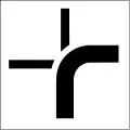 5.09 Indication of the routing of a principal road (aka a road with priority; combined with 3.01, 3.02, 3.03; here: principal road turns right with two minor roads, one from left and one from straight ahead; see also 6.16.2 and 6.16.3)