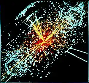 Image 14One possible signature of a Higgs boson from a simulated proton–proton collision. It decays almost immediately into two jets of hadrons and two electrons, visible as lines. (from History of physics)