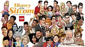 The poster of the series with cartoon version of characters from famous sitcoms, drawn by artist Mort Drucker.