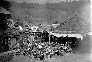 Balinese Gamelan Performance (part of the ritual) in a Temple, Bali, Circa 1920