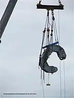 One of four main cable compactors is lifted into place.