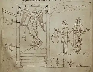 In this illustration from page 46 of the Caedmon manuscript, an angel is shown guarding the gates of paradise, after Adam and Eve have been expelled.