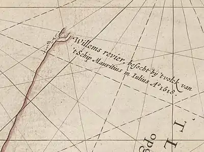 Caert van't Landt van d'Eendracht (detail showing Willem River) - Chart by Hessel Gerritsz, also written "Hessel Gerritszoon".