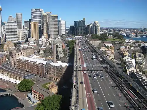 Southern approach of the Sydney Harbour Bridge with The Rocks to the left