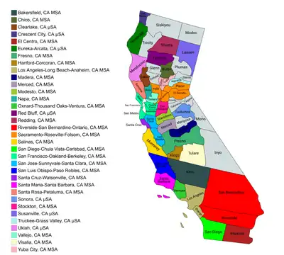 Map of the 34 core-based statistical areas in California.