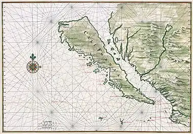 Image 54California was often depicted as an island, due to the Baja California peninsula, from the 16th to the 18th centuries, such as in this 1650 map by cartographer Johannes Vingboons. (from History of California)