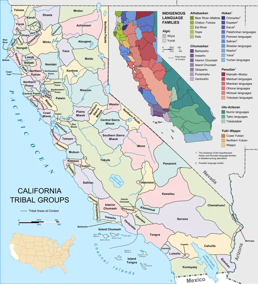 Map of the indigenous tribes of California at contact showing the maximum historic extent of Lake Cahuilla