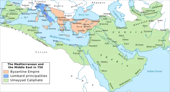 Map of western Eurasia and northern Africa showing the Caliphate in green covering most of the Middle East, with the Byzantine Empire outlined in orange and the Lombard principalities in blue