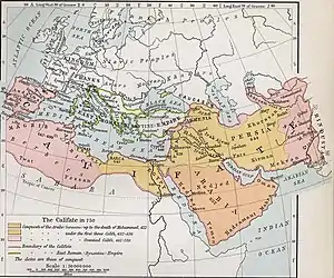 Old map of western Eurasia and northern Africa showing the expansion of the Caliphate from Arabia to cover most of the Middle East, with the Byzantine Empire outlined in green