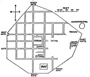 The near-true on north-south, grid pattern enclosed by walls of the city, showing a central forum next to baths and an external building: the amphitheatre and even a possible inn.