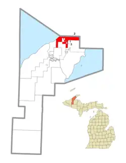 Location within Houghton County and the administered villages of Calumet (1), Copper City (2), and Laurium (3)