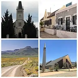 Top left: Dutch Reformed Church  right: Hantam House complex. Bottom left: Flower fields near Calvinia, right: Hantam Church