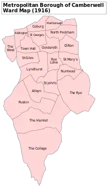 A map showing the Dulwich wards of Camberwell Metropolitan Borough as they appeared in 1916