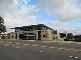 Library building with road in foreground