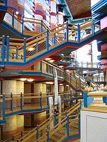 Multicolour interior of the Cambridge Judge Business School, Cambridge, the UK, by John Outram, 1995