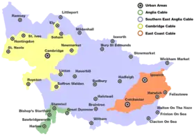 Franchise map showing areas served by Anglia Cable, Southern East Anglia Cable, Cambridge Cable and East Coast Cable