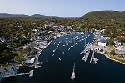 Aerial view of Camden from the harbor