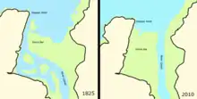 Representation of two admiralty charts, 1825 and 2010, showing movement of the river channel