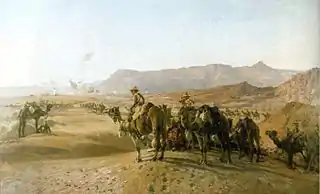 Painting of soldiers on camels in desert