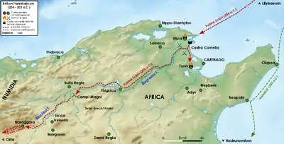 A relief map of part of north Africa, showing the site of the battle and the movements of Scipio's forces during the campaign