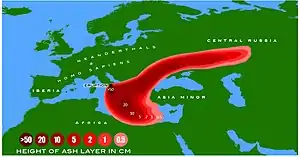 Map of Europe showing a red splotch over the Italian Peninsula stretching out to the east over Central Russia and over the Aegean and Ionic Seas, 50 cm of ash centring, decreasing to 10cm beyond, and steadily decreasing to 0