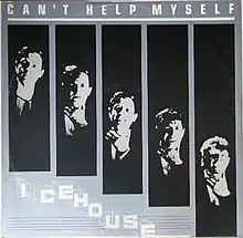 Single title across top, followed by five separated photos of band members diagonally down to right. Band name, Icehouse, displayed step-wise at bottom left.