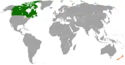 Map indicating locations of Canada and New Zealand