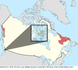 Map of the change to the international disputes involving Canada on October 21, 1872