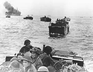 LCA (Landing Craft Assault) containing Winnipeg Rifles head for the Normandy Juno beach - June 6, 1944. Most are wearing Mk III helmets.