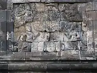 Reliefs of Kalpataru, the divine tree of life guarded by the mythical creatures Kinnara and Kinnari, also divine beings; Apsara and Devata